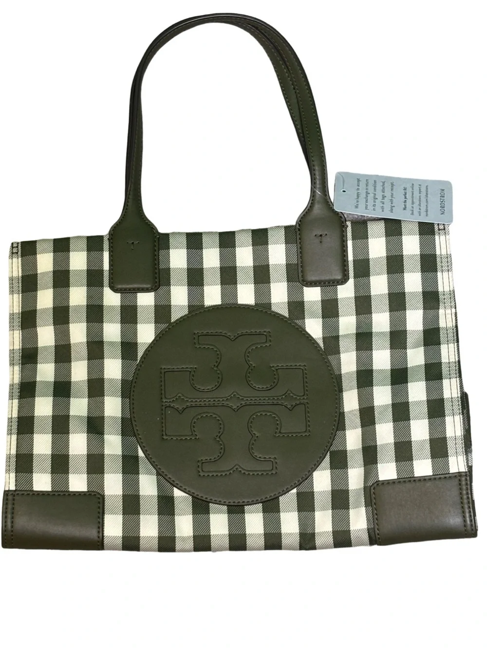 NWT Tory Burch Mini Ella Green and White Gingham Tote